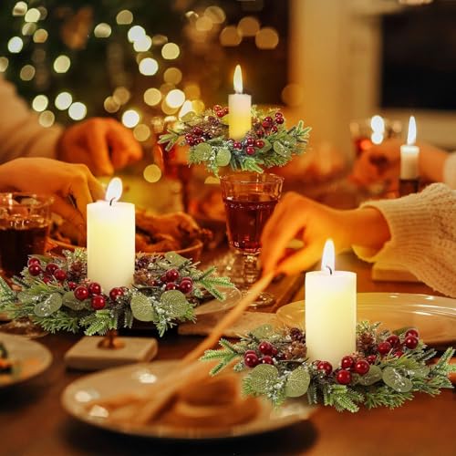 8 Pcs Mini Christmas Candle Ring Set for Cabinet - Artificial Wreaths with Berries & Pinecones (YLOLUL)