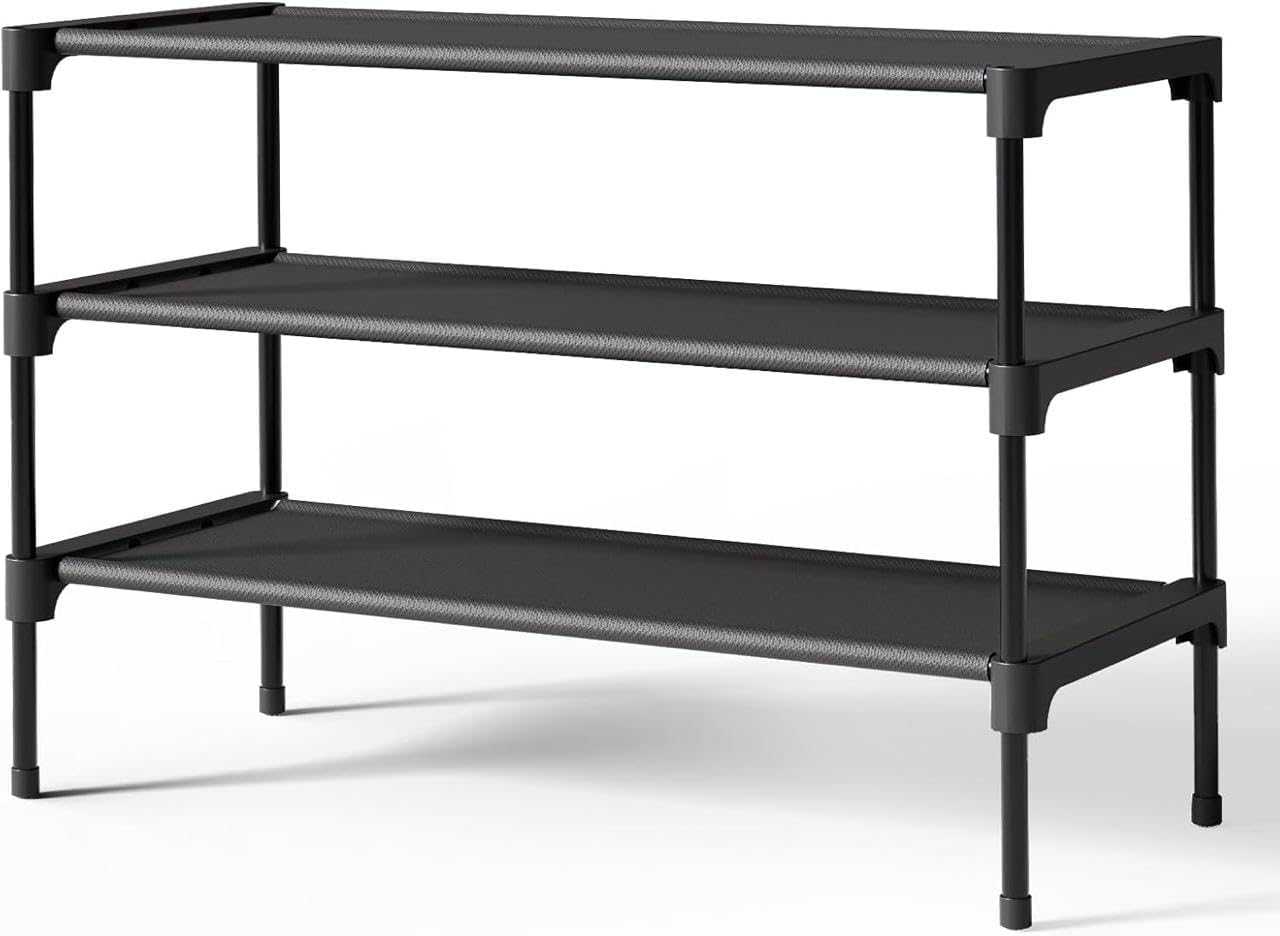 Non-Woven Shoe Rack by [Brand Name] - Stackable 3-Tier Organizer for Closet, Entryway & Garage - Black