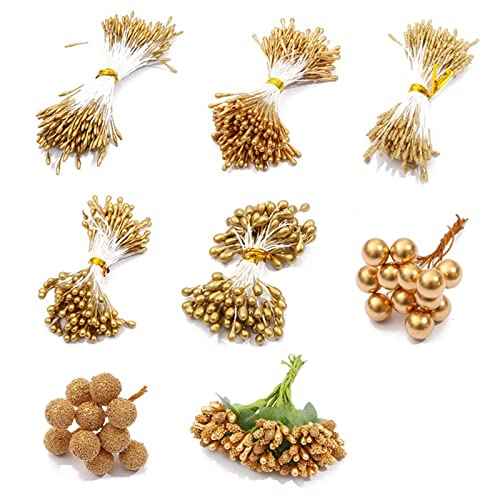 8 Style Flower Stamen Pistil Artificial Gold Flower Stamen Fake Berries Stamen Pistil for DIY Scrapbook Home Decoration (Gold)