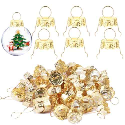 100 Sets Round Christmas Ornament Tops Caps, 0.4 in Gold Metal Tops, Ornament Topper Caps for Clear Glass DIY Decor