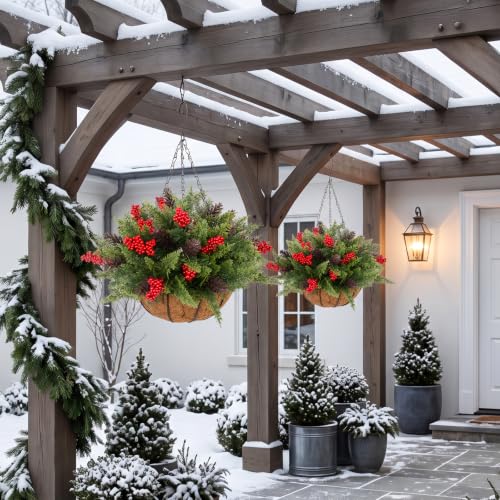 Daynight Artificial Christmas Cedar Pine Hanging Baskets Set with Red Berries & Pinecones - Outdoor Holiday Decor