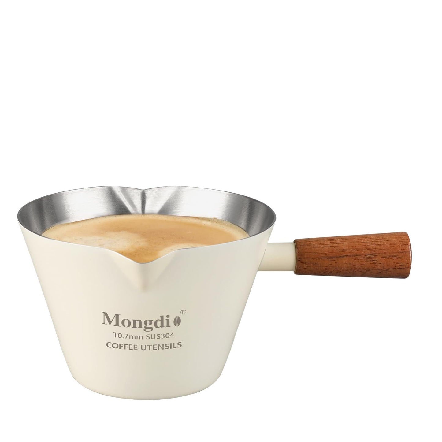 Mongdio Espresso Measuring Cup, Stainless Steel Espresso Shot Cups with Wooden Handle and Double Spouts, 6.8OZ/200ML, White