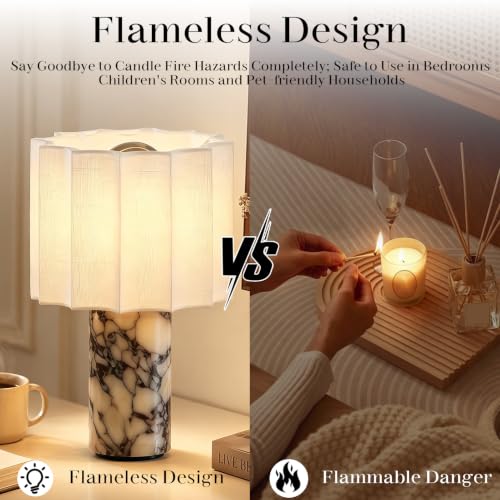 DGRGRHBV Rice White Marble Touch Table Lamp with Linen Shade - Cordless Rechargeable Night Light for Bedroom & Bedside
