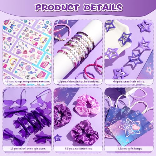 Kpop Party Favors Set - Girl Friendship Gifts with Tattoos, Bracelets, Hair Clips & Glasses