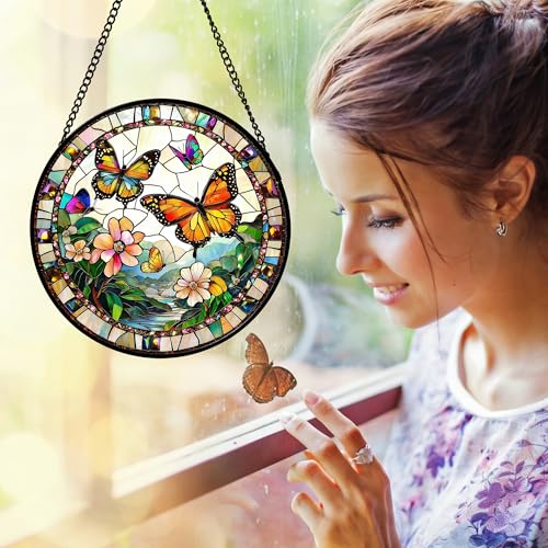 DASTOLL 12-Inch Golden Yellow Butterfly and Flowers Stained Glass Window Suncatcher