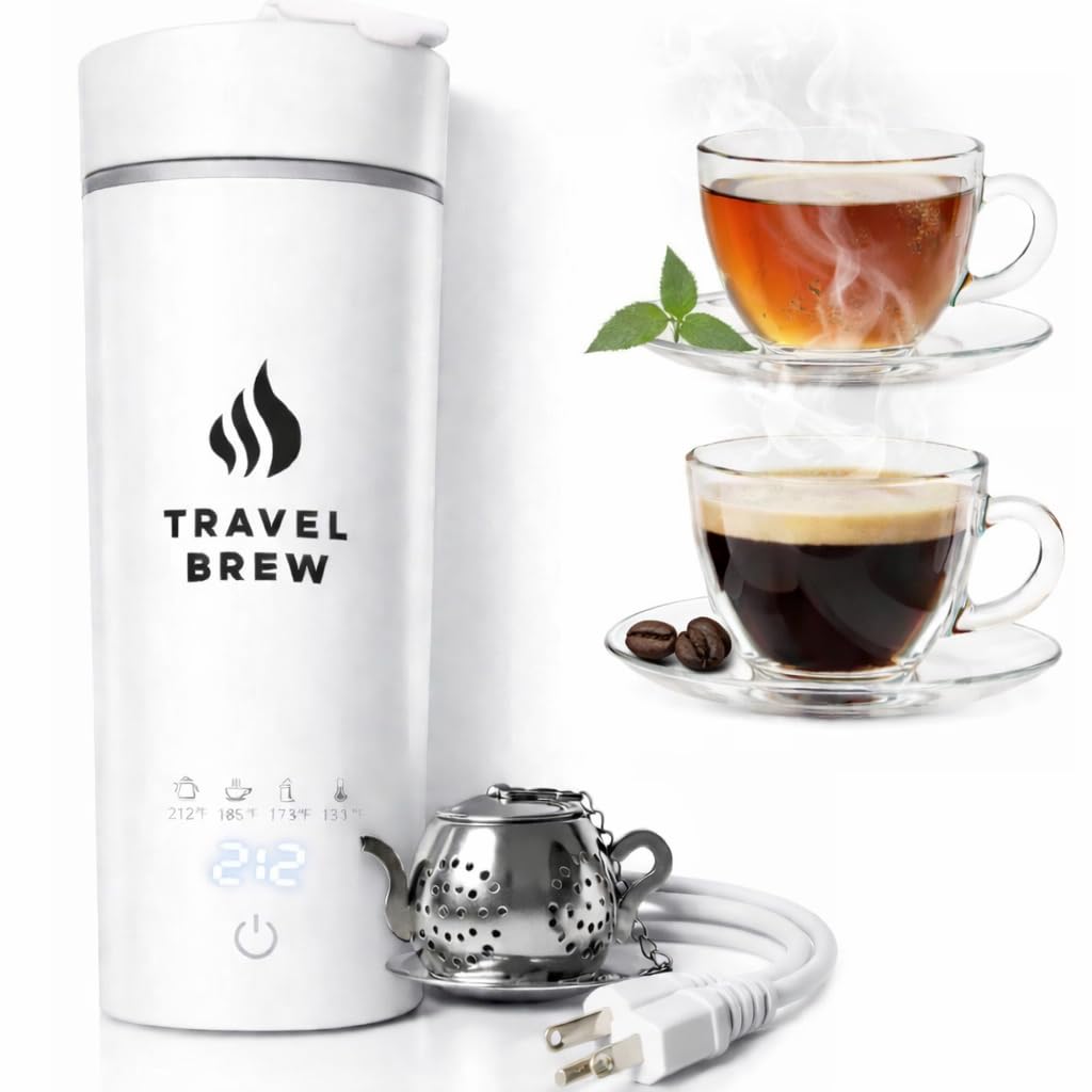 TRAVEL BREW Portable Travel Kettle with Tea Infuser- Mini Electric Kettle with 4 Temperature Settings, with Auto Shut-Off & Boil Dry Protection (White)