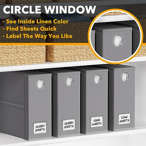 SpaceAid 4 Pack Bed Sheet Organizers - Gray Foldable Linen Closet Storage for Queen & King Size Sheets