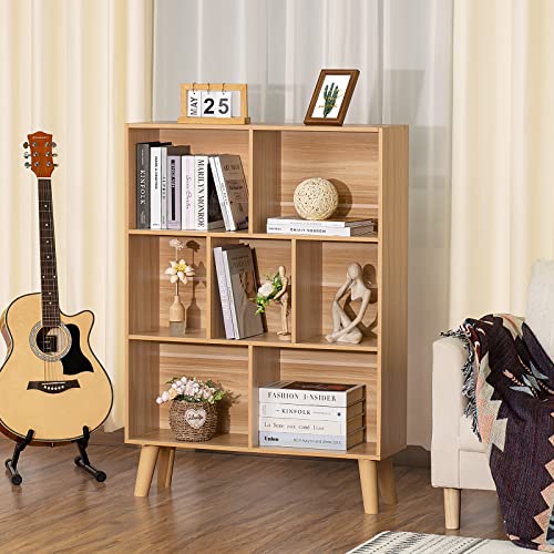 LEYAOYAO Natural 7-Cube Book Shelf with Legs, Mid-Century Modern Wooden Storage
