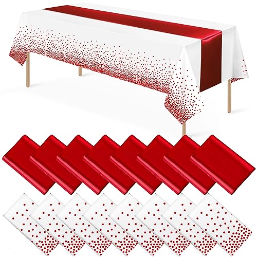 White and Red 16-Pack Disposable Plastic Tablecloths & Satin Table Runner Set for Weddings & Parties