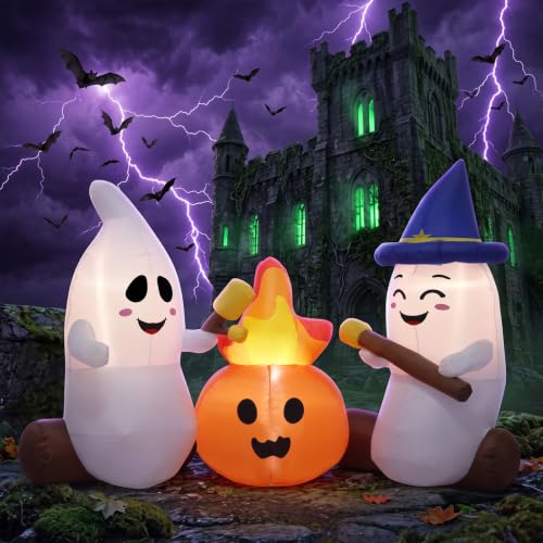 6FT Halloween Inflatable Ghosts Yard Decorations with LED Lights and Stakes - Outdoor Spooky Decor