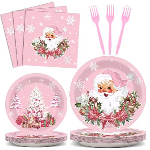Pink Christmas Party Tableware Set - Disposable Plates, Napkins & Forks for Holiday Celebration
