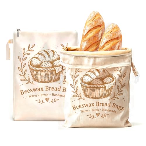 Cream Beige Reusable Beeswax Bread Bags Set - XL Cotton Sourdough Storage with Buckle & L-Shaped Zipper