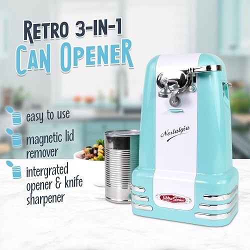 Nostalgia Retro Electric Can Opener Aqua with Magnetic Lid Remover & Bottle Opener