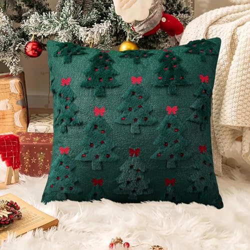 Pyonic Christmas Pillow Covers 18x18 Inch Set of 2 Red Christmas Tree Embroidered Faux Fur Holiday Decor