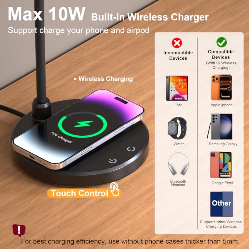 Wireless Charging Desk Lamp - Black, 800LM, CRI95+, Touch Dimming & 10W QI Charger