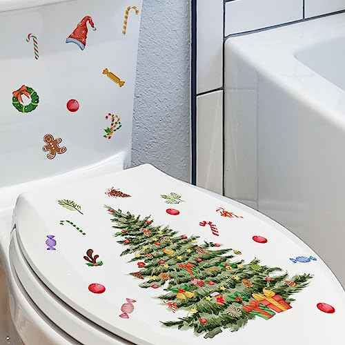2 PCS Christmas Toilet Stickers Decals, Funny Snowman Xmas Tree Toilet Lid Tank Decals for Bathroom Decoration