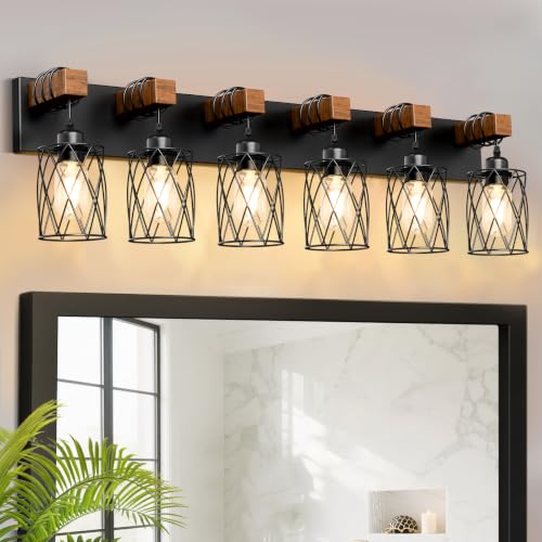 Black Farmhouse Bathroom Vanity Light 6-Light Wood & Metal Fixture Over Mirror - Rustic Style