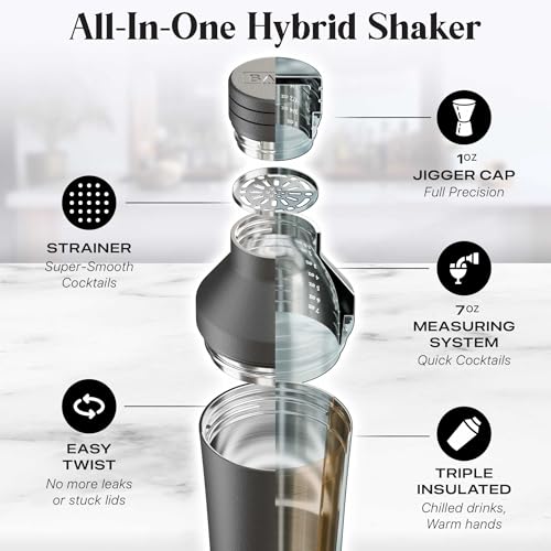 Bare Barrel Insulated Cocktail Shaker Set Matte Black - Double Wall Stainless Steel, Built-in Measure & Strainer, Travel Bag, Recipes, Gift
