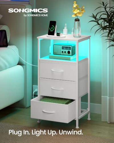 SONGMICS Nightstand with Charging Station, 3 Fabric Drawers, Cloud White & Snow White