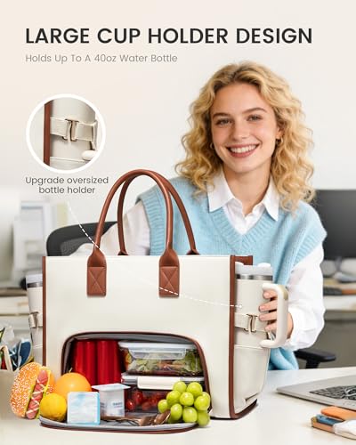 LOVEVOOK 15.6 Inch Waterproof 3-in-1 Work Tote Bag with Lunch Compartment & Giant Tumbler Holder, White Flower Variant