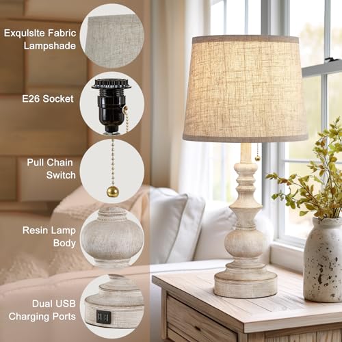 Drawealth Farmhouse Bedside Table Lamps Set of 2 - White, 22'' with USB Charging & Pull Chain