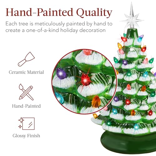 Best Choice 15in Ceramic Christmas Tree – Frosted w/ Multicolor Lights & Star Toppers, Pre-lit