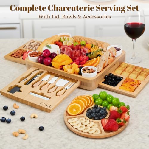 Large Bamboo Charcuterie Board Set with Lid, Drawers & Accessories - Black