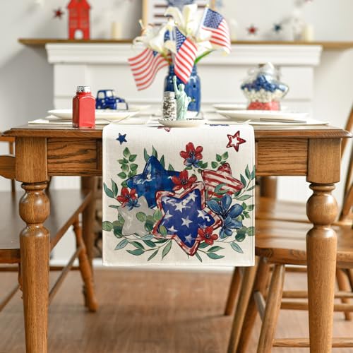 Artoid Mode 13" x 48" Eucalyptus Stars Patriotic Table Runner Beige