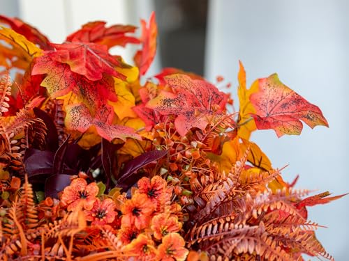 Artificial Fall Flowers Outdoor Set - Orange Red Maple & Mums, 24pcs Faux Autumn Plants for Garden & Patio