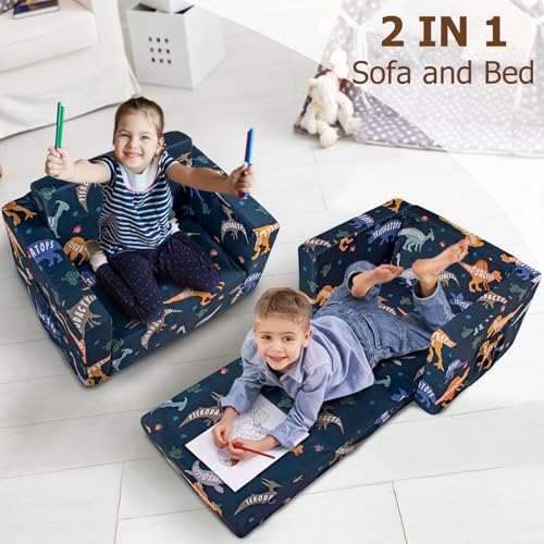 Kids Couch Dinosaur 2-in-1 Foldable Toddler Sofa & Bed for Play & Rest