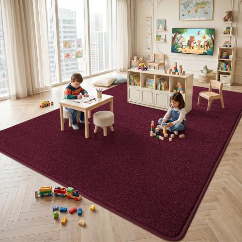 7x10 Burgundy Red Room Rug - Soft Fluffy Washable Low Pile Non-Slip Carpet for Bedroom & Living Room