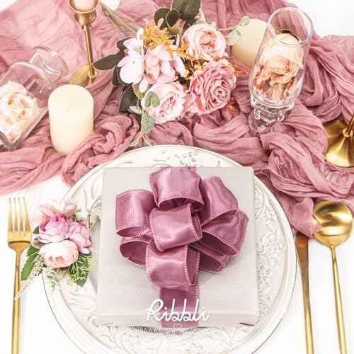 Ribbli Rosy Mauve Satin Wired Ribbon 1.5 Inch Mauve Christmas Ribbon for Gift Wrapping Wreaths Garland Tree Decoration Crafts Home Decor-Continous 20 Yards
