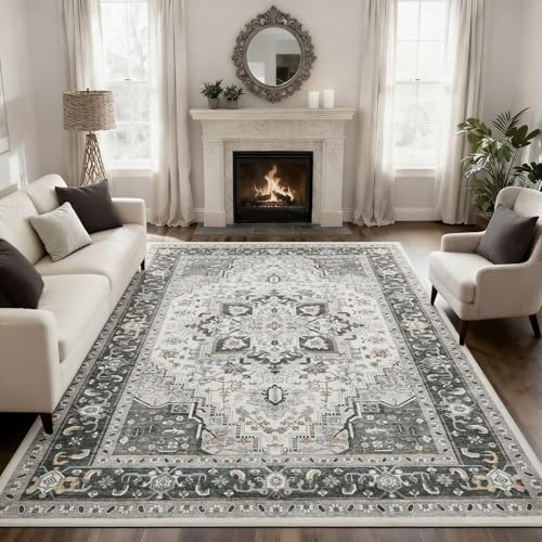 WEZVIX Taupe 8x10 Area Rug - Vintage Boho Low Pile Non-Slip Carpet for Living Room & Bedroom