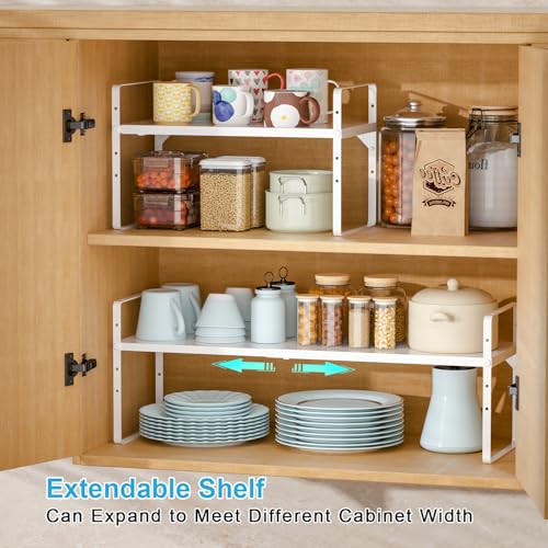 White Adjustable Kitchen Shelf Organizer Set of 4 - 15.5-25.5 Inch Expandable Counter Storage