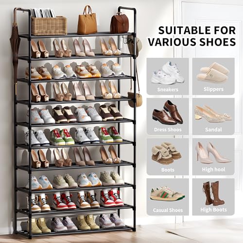 SRRSO Black 10-Tier Metal Shoe Rack Organizer for 40-45 Pairs, Tall Closet & Entryway Storage