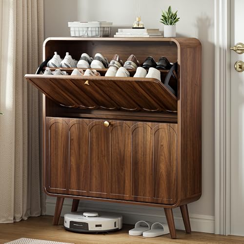 Decofy Dark Walnut Shoe Cabinet with 2 Flip Drawers & Adjustable Shelves