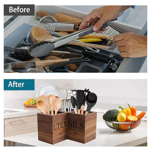 Suli Extra Large Acacia Corner Kitchen Utensil Holder with 3 Compartments - Rustic Farmhouse Countertop Organizer