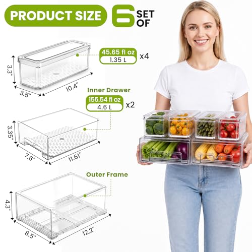 YKIOKE Transparent 6-Pack Fridge Organizer Bins with Drain Trays - Space-Saving, BPA-Free Stackable Food Storage