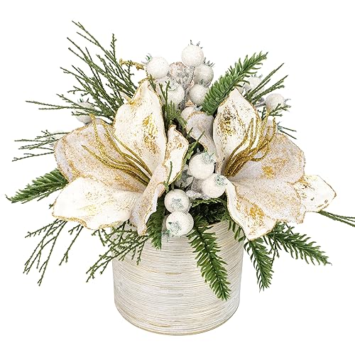 Briful 11.4 Inch White Artificial Christmas Tree with Potted Snowy Pine Magnolia Xmas Decor