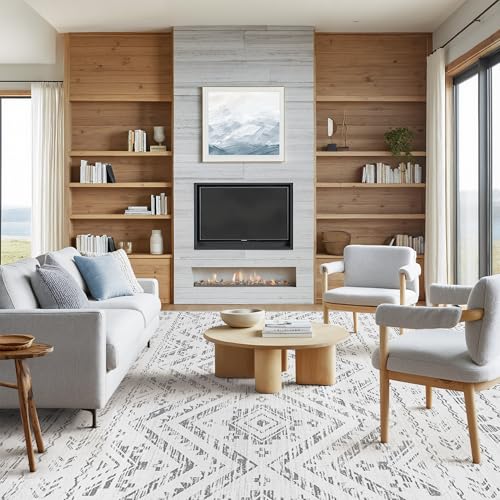 8x10 Grey Washable Non-Slip Area Rug with Moroccan Pattern - Living Room