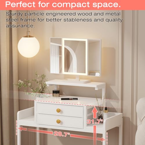 HIGDBFE White Vanity Desk with Mirror & LED Lights, 28.4"W Small Makeup Station