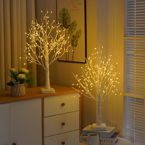 Artificial Birch Tree Lamp 2 Pack with Timer - Warm White LED Light, DIY Branches, 24 Inch