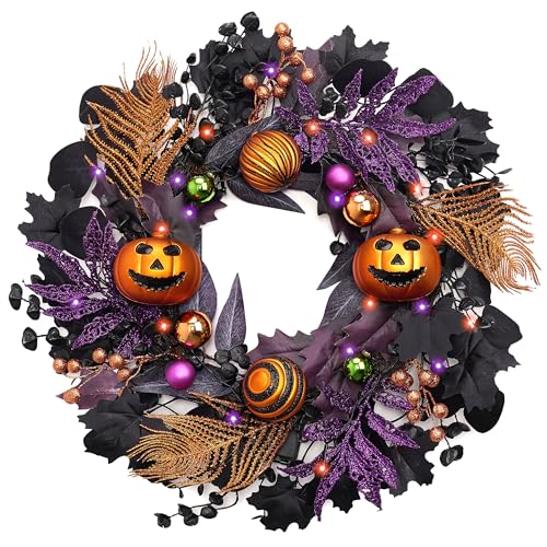 Halloween Pumpkin Wreath for Front Door Decor - 18 Inch Fall Autumn Welcome