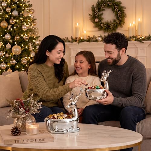 SiliFine Christmas Silver Reindeer Ceramic Candy Bowl - Holiday Table Decor
