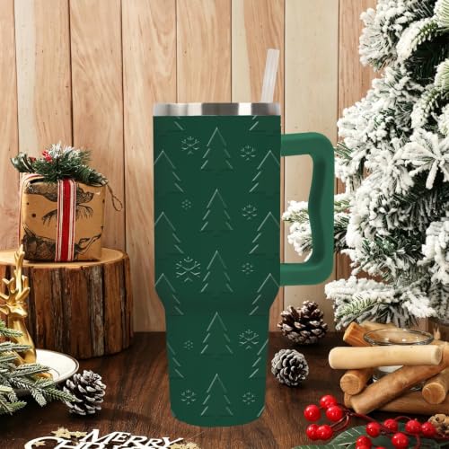 40 Oz Stainless Steel Christmas Tumbler with Handle, Holiday Green Tree Design
