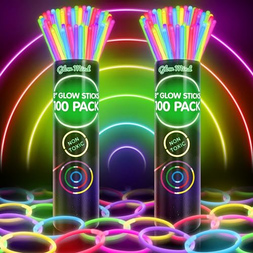100 Ultra Bright Glow Sticks Bulk Party Pack - Halloween Glow in the Dark Party Supplies Pack - 8" Glowsticks Party Favors with Bracelets and Necklaces