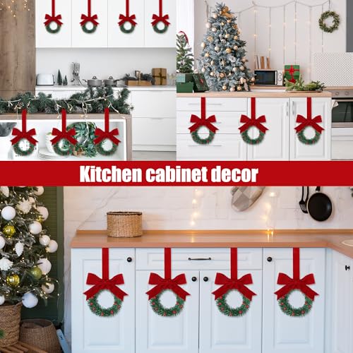 Sggvecsy Velvet Christmas Mini Wreaths for Kitchen Cabinets, Front Door & Wall Decor, Red Berry & Bows, 8 Inch