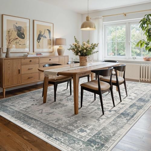 Rugxara 6x9 Blue Grey Washable Area Rug - Boho Vintage Style, Non-Slip Backing, Low-Pile, for Living Room & Bedroom - Rectangle