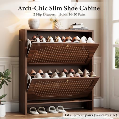 Nicetree Arch-Chic Shoe Cabinet - Narrow Fluted Entryway Storage, Adjustable Shelves, Walnut Finish - Luminous Walnut / 2 Flip Drawer
