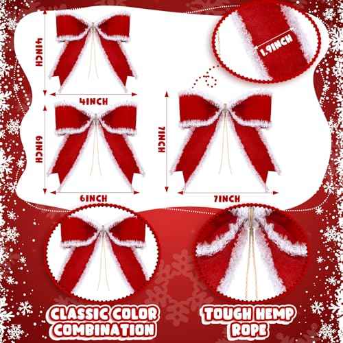 WILLBOND 12 Pcs Red Christmas Bows with White Fluffy Edges 4 x 4 Inch Tree Topper Ornaments Christmas Gifts Wrapping Bows for Xmas Wreath Door Rustic Farmhouse Decoration